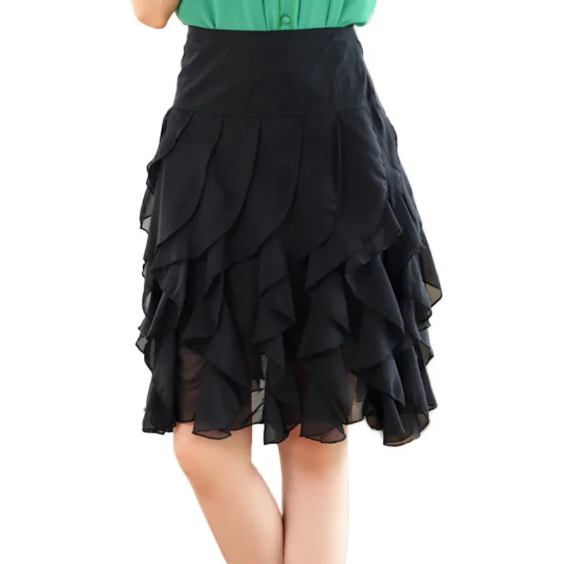 М-XXXL Для женщин рюшами слои Шифоновая юбка корейский стиль лето плюс Размеры дамы тонкой талии до колена Длина черная юбка для партия 9640 - Цвет: Черный