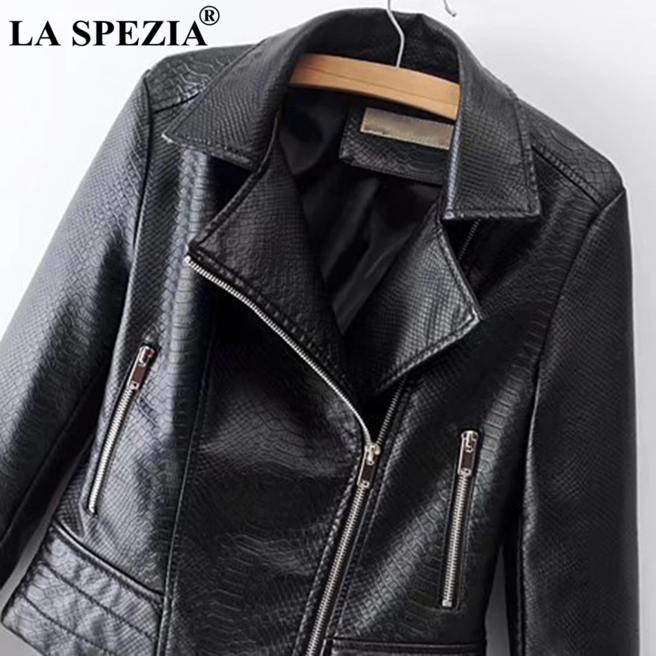 LA SPEZIA Leather Jacket Women Black Biker Jackets Female Zipper Pockets Motorcycle Punk Ladies Autumn Winter Classic Short Coat