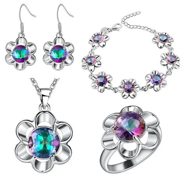 

bracelet Pendant necklace Earrings ring Thick silver set set of plum flower color set the foreign trade whole jewelry