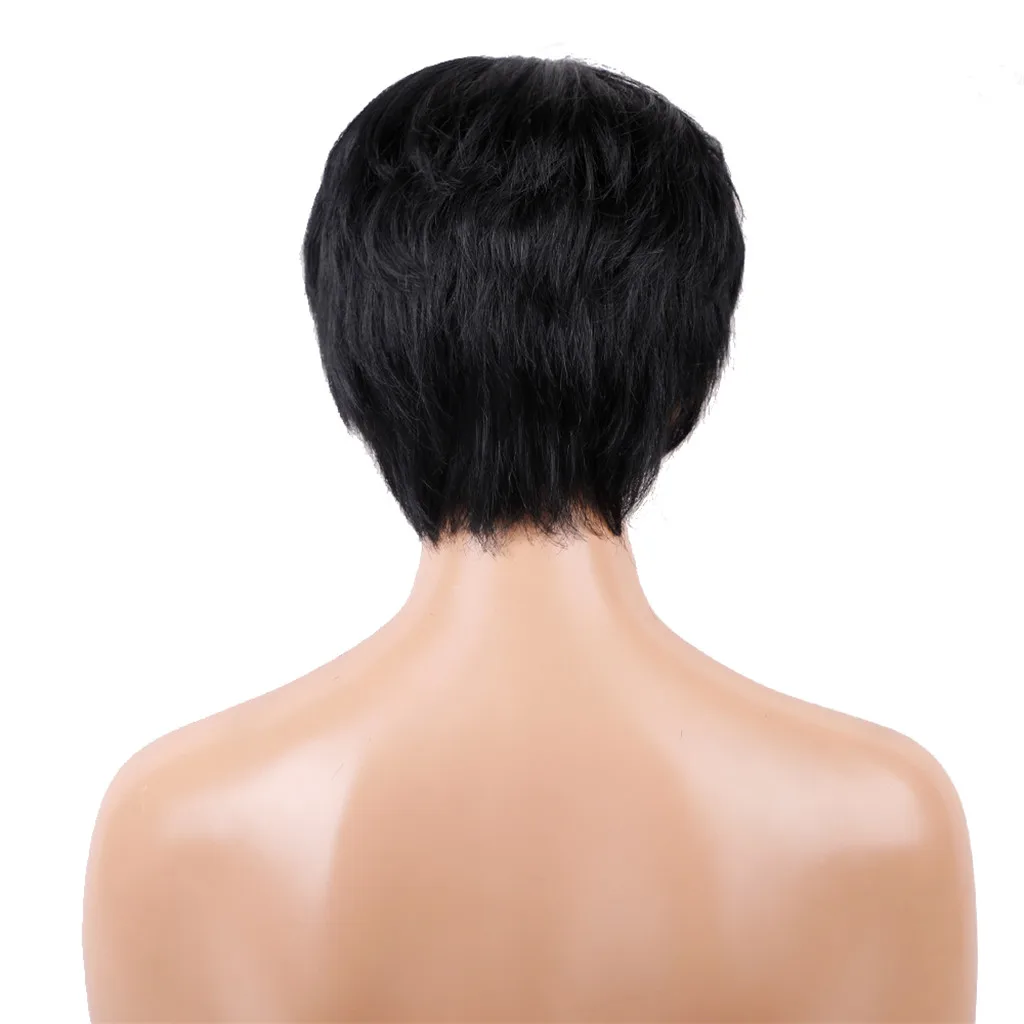 8'' Short Straight Wigs Human Hair Pixie Cut Chic Wig for Women w/Bangs Black Straight 2