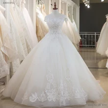 Real Photo Vestidos De Novia Ball Gown Wedding Dress 2018 Boat Neck Neckline Court Train Plus Size With Lace Appliques