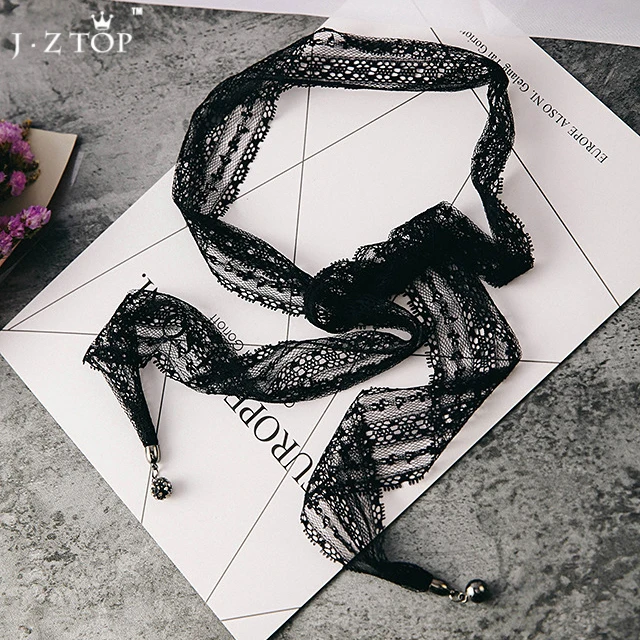 

Elegance Sexy Black Lace Choker Necklace Rhinestone Ball Pendant Long Necklaces Tattoo Choker Sweater Chain For Women Collier