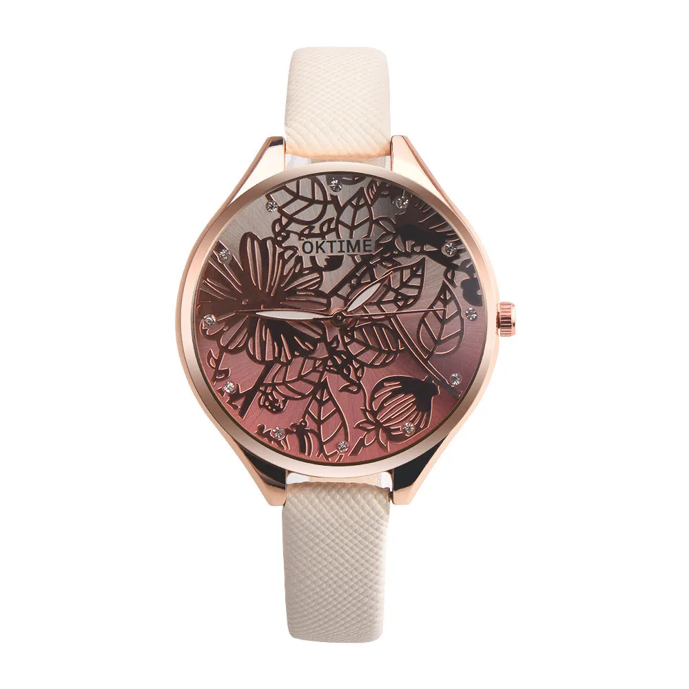 

Fashion Women Watch Temperament Large Dial 3D Emboss Lotus Retro Design Leather Band Watch Clock Quartz Wrist Watch Kol Saati #A