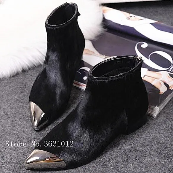 

Autumn Winter Horsehair 2019 Real Leather Chelsea Boots Women Metal Point Flat Plush Ankle Boots Short Booties Woman Shoes