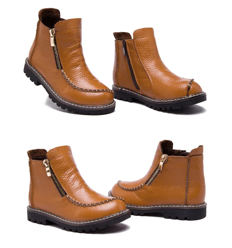 Детские ботинки высокого качества натуральная кожа для мальчиков и девочек зимние сапоги теплые плюшевые осенне-зимняя обувь на молнии