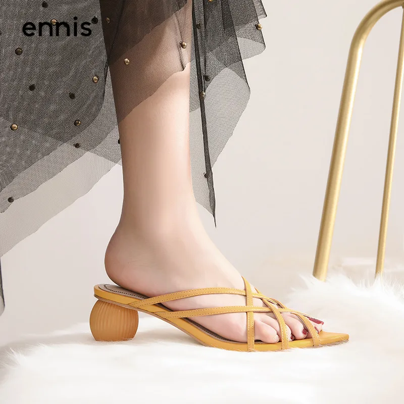 

ENNIS 2019 Ladies Pointed Toe Slippers Gladiator Band Women Slippers Med Heel Sandals Fashion Summer Slides Shoes Yellow M977