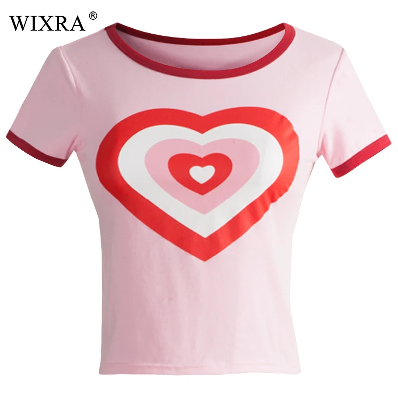 

Wixra Women Tee Summer O Neck slim T-Shirts Female Short Sleeve Ringer Pink Heart T-shirt for Women Tops 2018 Womens Clothing