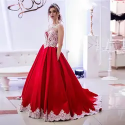 Элегантное Длинное платье для выпускного вечера с карманами принцессы трапециевидной формы красное платье с белой аппликация Выпускные