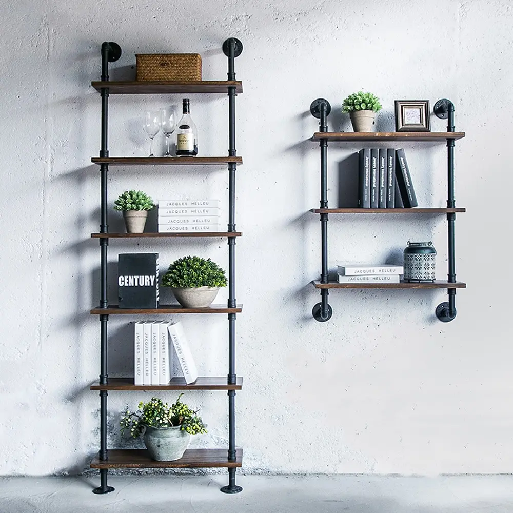 

3-Tier Industrial Iron Pipe Wall Shelves Wood Planks DIY Ladder Bookcase Storage Floating Shelf for Bathroom Kitchen Home Decor