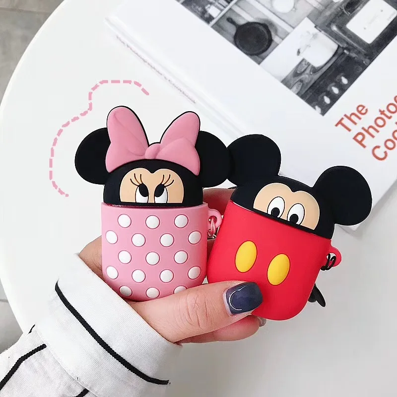 

3D Cute Cartoon Silicone Stitch Mickey Minnie Bluetooth Earphone Case for Airpods 2 Accessories Protective Cover Anti-lost Strap