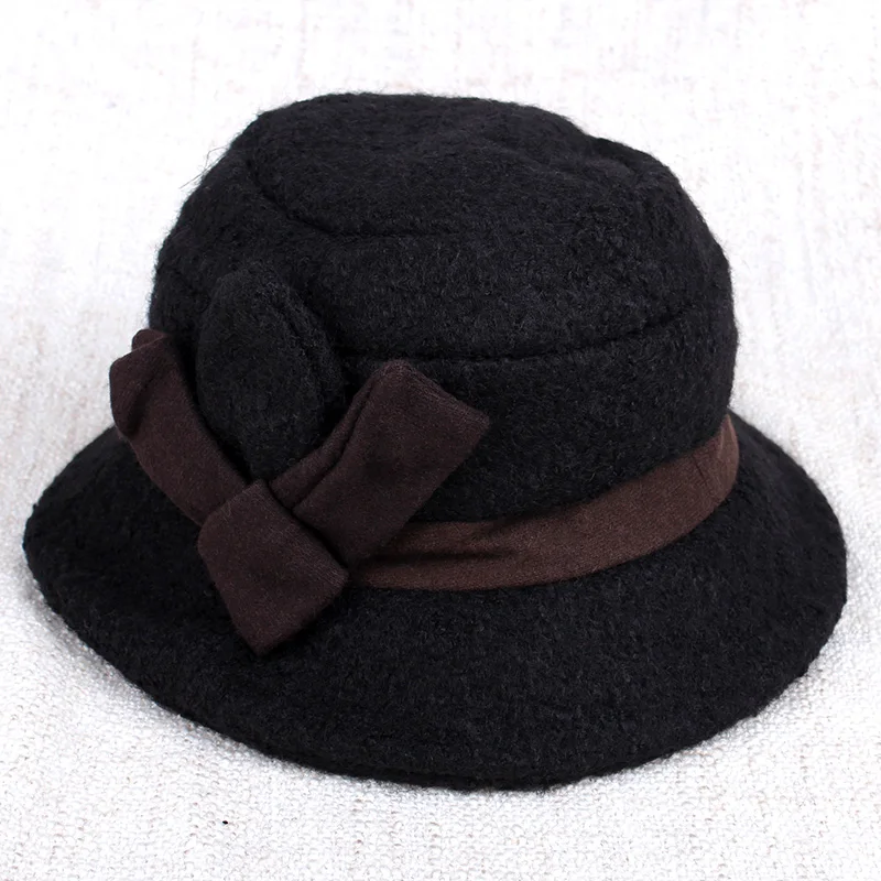 REALBY для женщин берет Cloche Fedora зимняя шапка для кепки с цветком котелок головные уборы фетр топ шляпа Твердые Chapeu YF5005