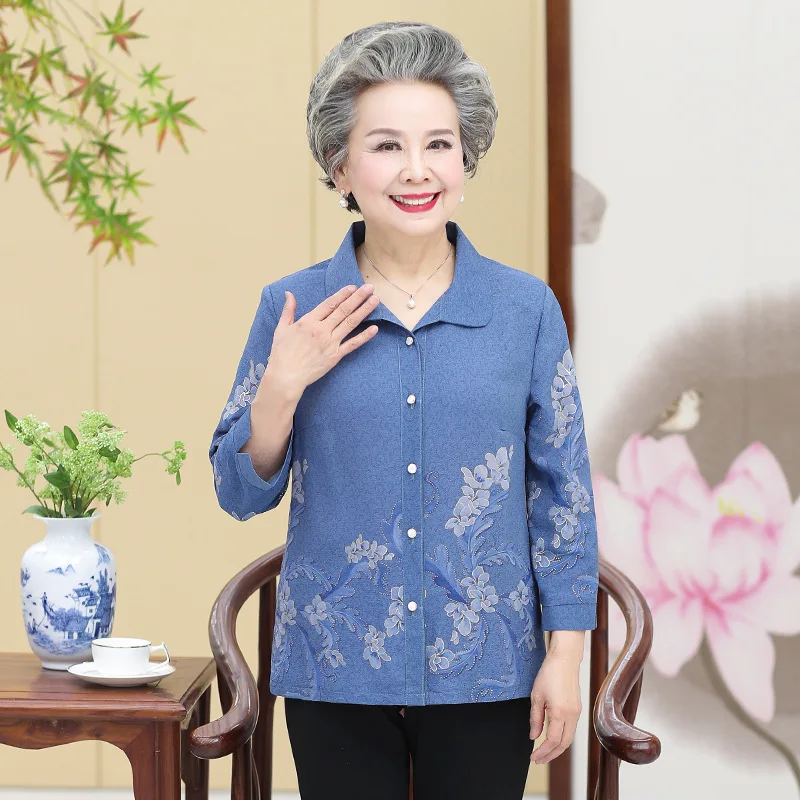 Blusas para mujeres Tops para madres mayores, Camisa estampada de manga Rebeca de primavera para abuela, abrigo 5XL W707 - Ropa mujer