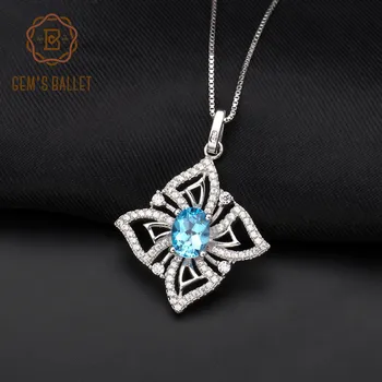 

GEM'S BALLET 1.57Ct Women's 925 Sterling Silver Fine Jewelry Oval Natural Blue Topaz Gemstone Pendant Necklace