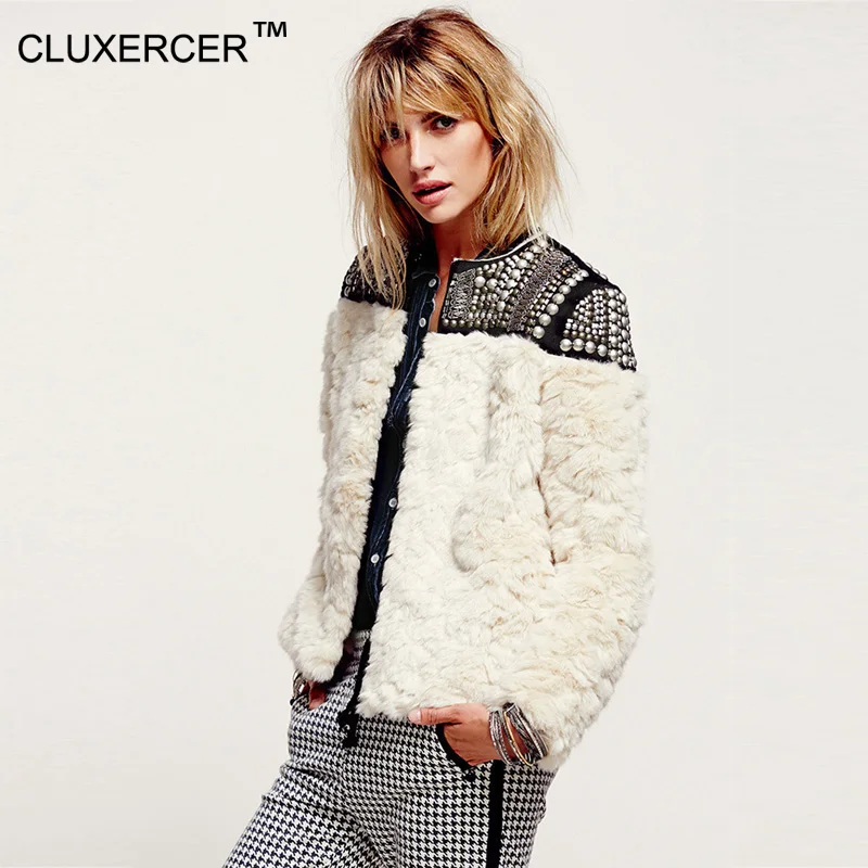 

CLUXERCER Brand Winter Coat Women Jacket Lamb Fur Coats Beading Punk Style Short Fur Coats Jackets Rivets Casaco Feminino