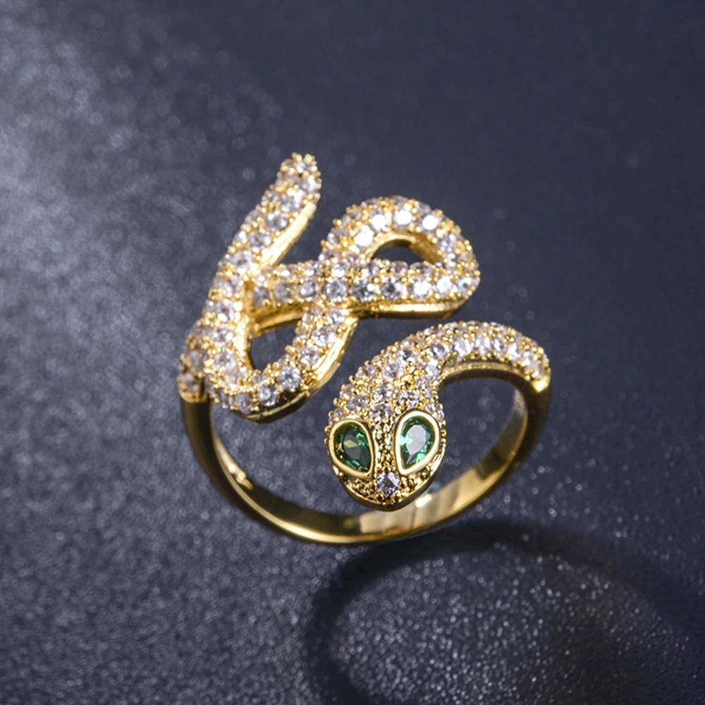 

Green Eye Snake Shape Finger Resizable Open Ring Cubic Zircon Micro CZ Unique Design For Women Men New Fashion Jewelry