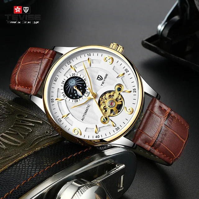 

Mens Brand WatchTevise Automatic Mechanical Men Watch Men Leather Strap Tourbillon Moon Phase Sport Clock Relogio Masculino