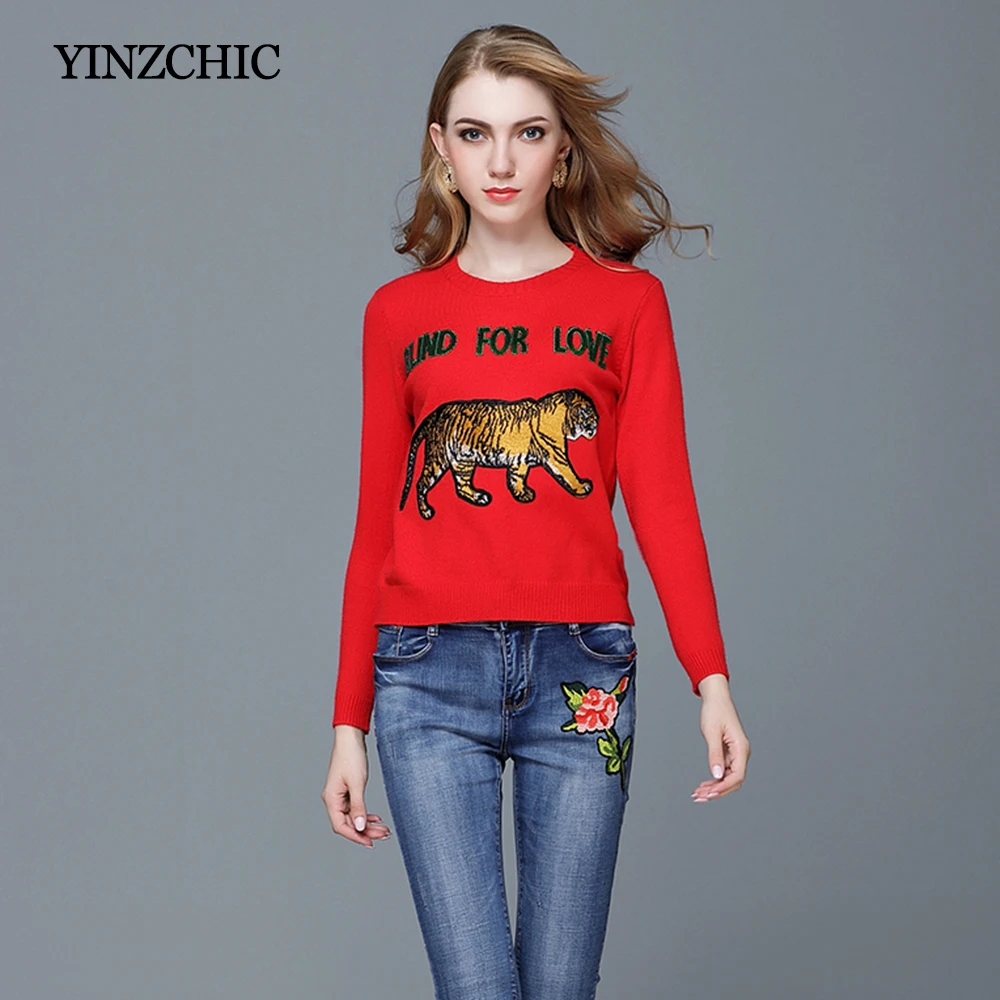 

Fashion Womans Winter Sweaters Sequined Woman Knitted Pullover Tiger Embroidery Womans Autumn Sweater 2018 Female Casual Pulls