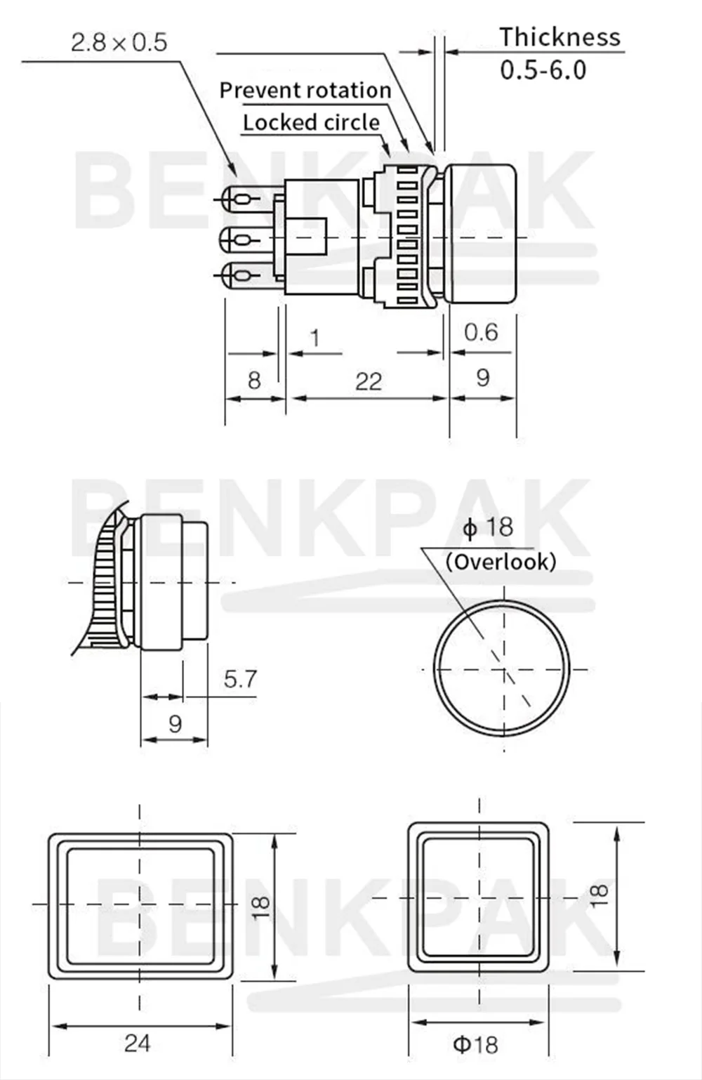 1PC 16mm Self-Recovery Rectangle Momentary Push Button 3Pin Plastic Reset Retangle Button