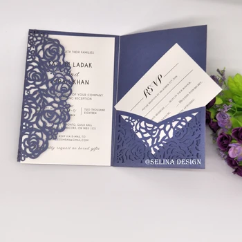 

2019 Shimmer Laser Cut Tri-fold Pocket Invitations for Wedding Quinceanera Card Cover, No Inner Sheet, No Envelope