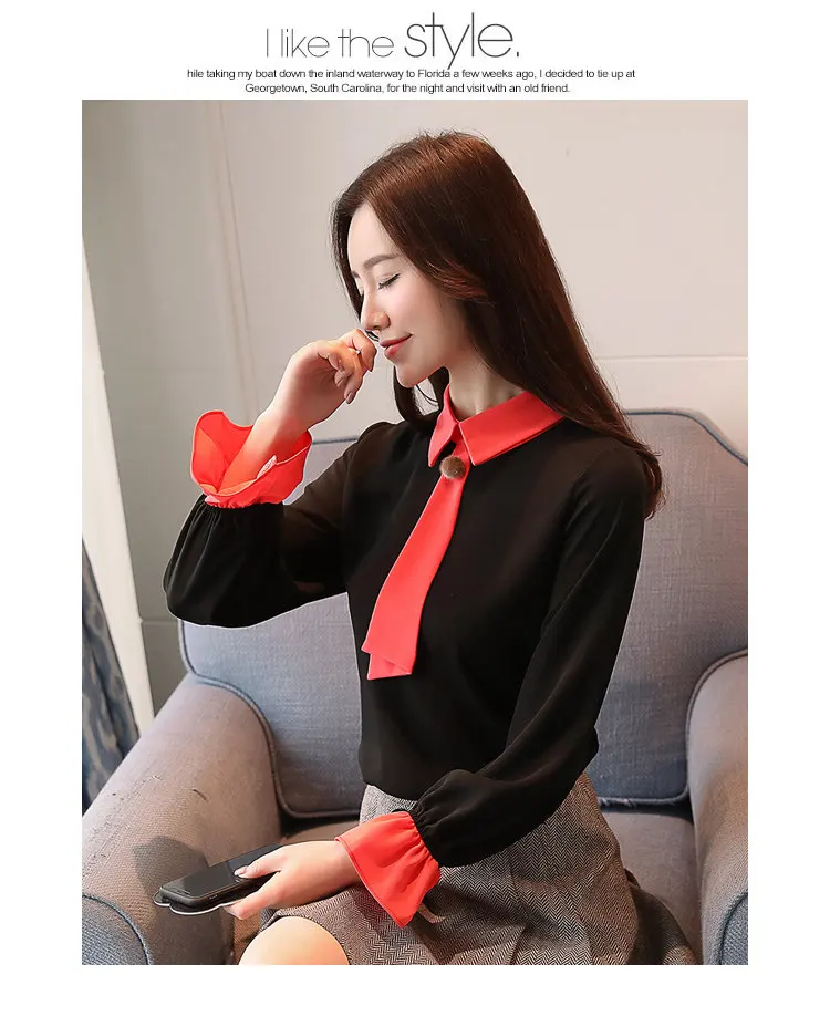 Women Blouses New 2019 Casual Autumn Shirt Elegant Bow Long Sleeve Tops Patchwork Chiffon Blusas Mujer OL Office Blouse (6)