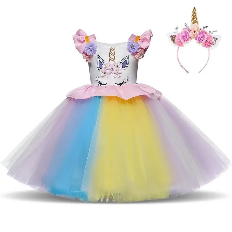 

Fancy Kids Unicorn Rainbow Flowers Tutu Dresses Ruffle Flying Sleeve for Girls Princess Dresses Birthday Theme Party Costumes