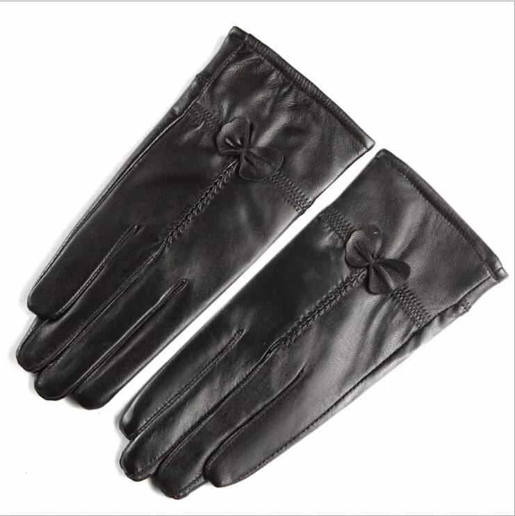 Для женщин из натуральной овечьей кожи перчатки элегантный лук толстый теплый черный Зимние перчатки мотоцикл