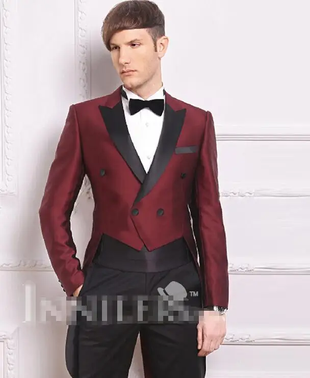 Burgundy Satin Tailcoat Men's Dinner Party Prom Suits