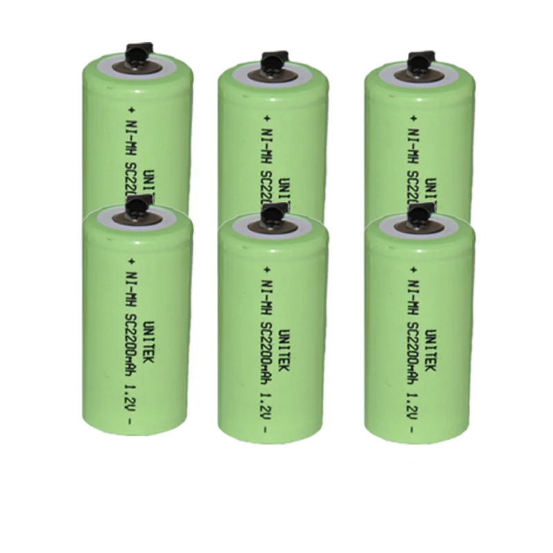 6PCS UNITEK Sub C sc 1.2V rechargeable battery 2200mah ni mh nimh cell with welding tab pins for