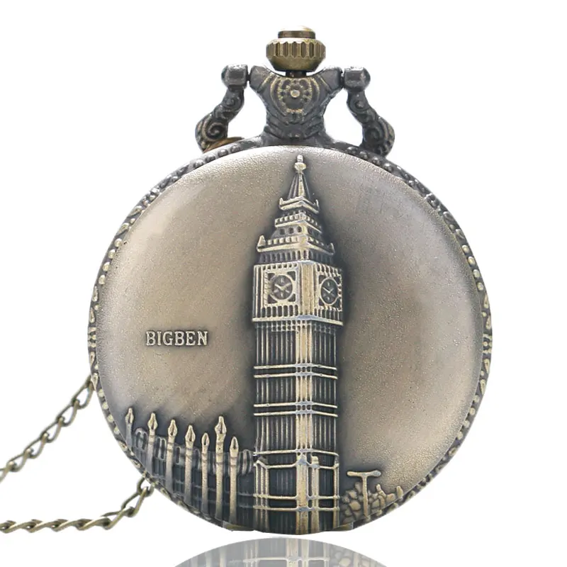 

Fashion Souvenir Gifts Retro Bronze Copper Big Ben London Quartz Pocket Watch Clock Hour Necklace Pendant Chain for Men Women