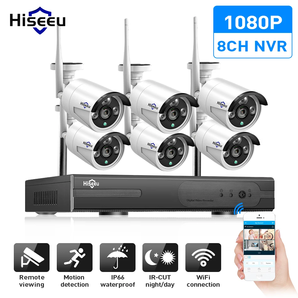 Hiseeu 8-канальная система видеонаблюдения, беспроводная, 6 шт, 1080 P, wifi, ip-камера, уличная домашняя система видеонаблюдения, комплект NVR