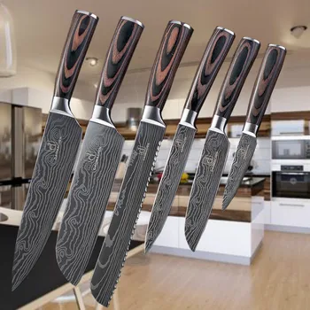 

Kitchen Knives Damascus Veins Stainless Steel Knives Color Wood Handle Paring Utility Santoku Slicing Chef Cooking Knife