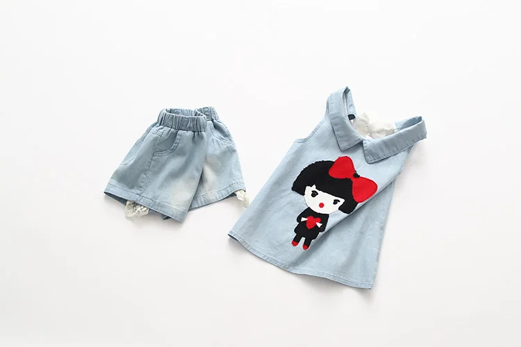 Girls Clothes 2018 Summer Casual 2-10 Years Old Kids Little Baby Cartoon Girl T Shirt+Shorts 2 Piece Lace Denim Blue Suit Set (15)