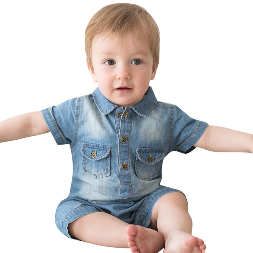 

Summer New Fashion Newborn Kids Baby Boys Girls Outfits Clothes Short Sleeve Denim Romper Wholesale Free Ship Z4