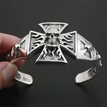 925 пробы серебряный браслет с пламенным черепом мужской Байкер Рокер панк 9A013 подходит для запястья 6,5~ 7,7 дюймов