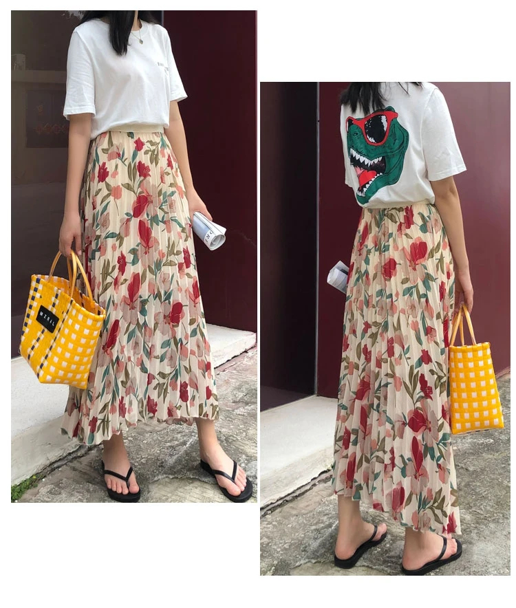 Новая весенне летняя женская юбка с цветочным принтом и эластичной резинкой на