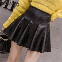 Осенняя черная юбка из искусственной кожи в Корейском стиле Модные женские Высокая Талия Повседневный зонтик юбка женские сексуальные короткие мини плиссированные юбки Saias