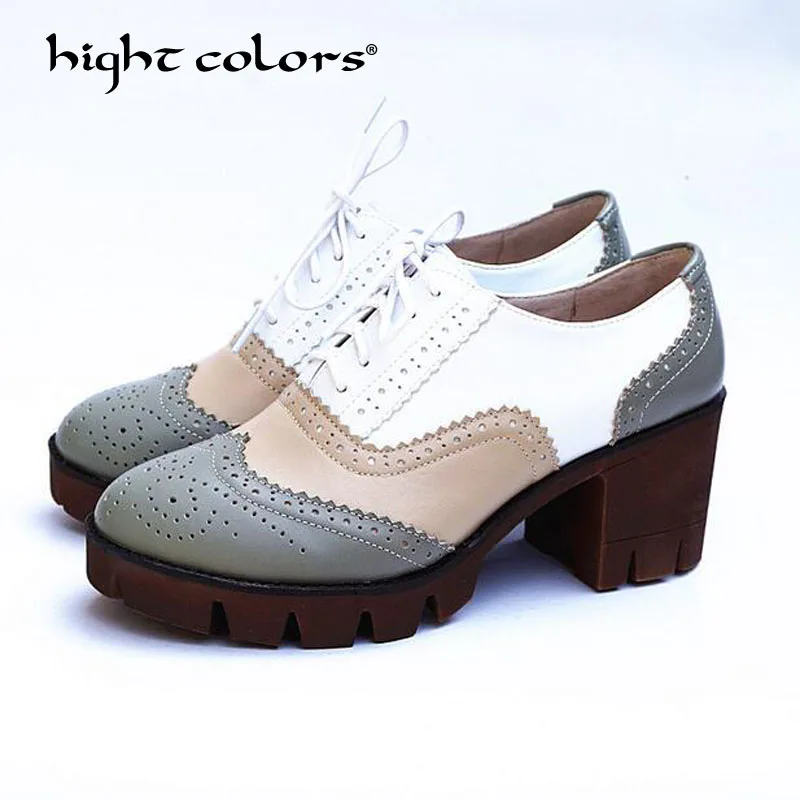 

2019 Women Shoes Casual Lace Up New Brogue Shoes Solid Genuine Leather High Heel Thick Elegrant Zapatos Tacon