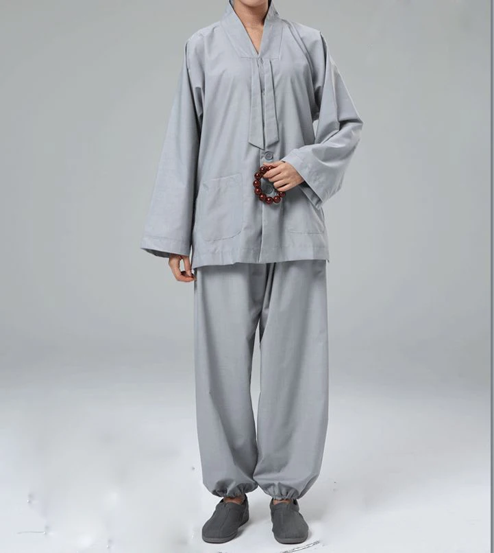 promotion gray women V neck ribbon zen suit Buddhist monk clothing