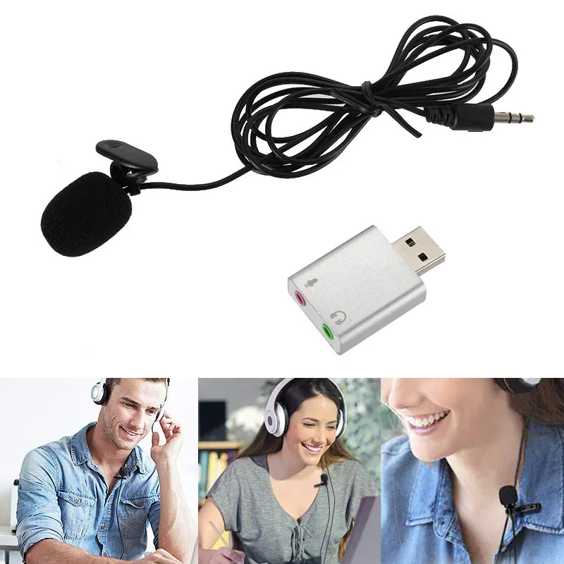 

USB Lapel Microphone Clip-on Cardioid Condenser Computer Mic with Sound Card for PC @JH