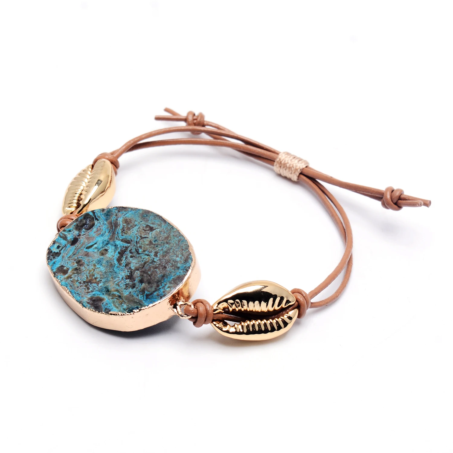 

Fashion Big Blue Stone Gold Shell Charms Bracelet for Women Brown Braid Rope Handmade Summer Beach Jewelry Partry