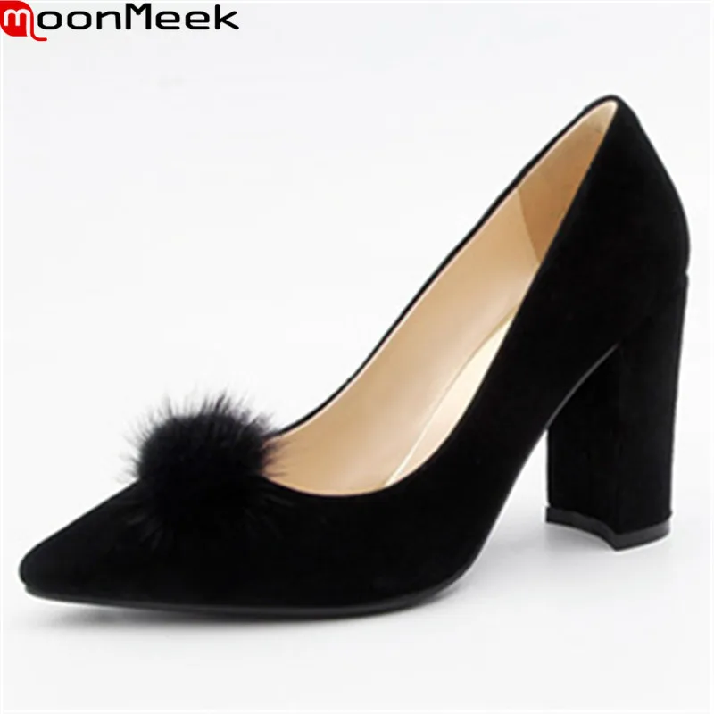 

MoonMeek sexy female fashion pumps pointed toe square heels slip on shallow kid suede extreme high heels black woman shoes