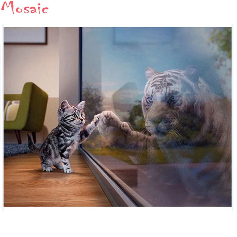 

3D Diamond Painting Cross Stitch"Cat & Tiger"Rhinestone Crystal Needlework Diamond Embroidery Full Diamond Decorative