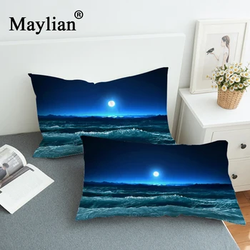 

3D Pillow Cases Moon And Ocean Bedding Print Pillowcases Cozy Home Textiles Soft Blue Pillow Cover 2Pcs 2 SizePC53