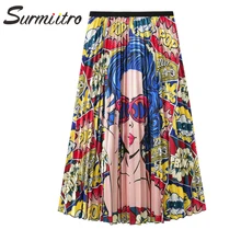 Surmiitro атласная мультяшная печать хип-хоп длинная юбка женская Весна Лето Мода Высокая талия плиссированная трапециевидная школьная юбка женская