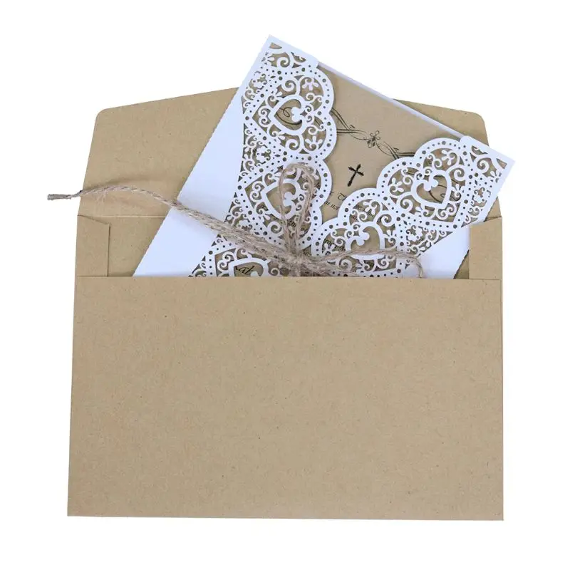  10pcs/set Rustic Laser Cut Wedding invitations Cards Lace Burlap Tie Invite Envelopes Kit For Engag - 33045445309