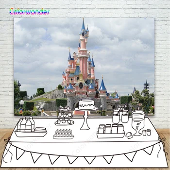 

Fairy Tale World Pink Brick Castle with Blue Rooves Background for Photography White Clouds with Green Trees Baackdrops for Kids