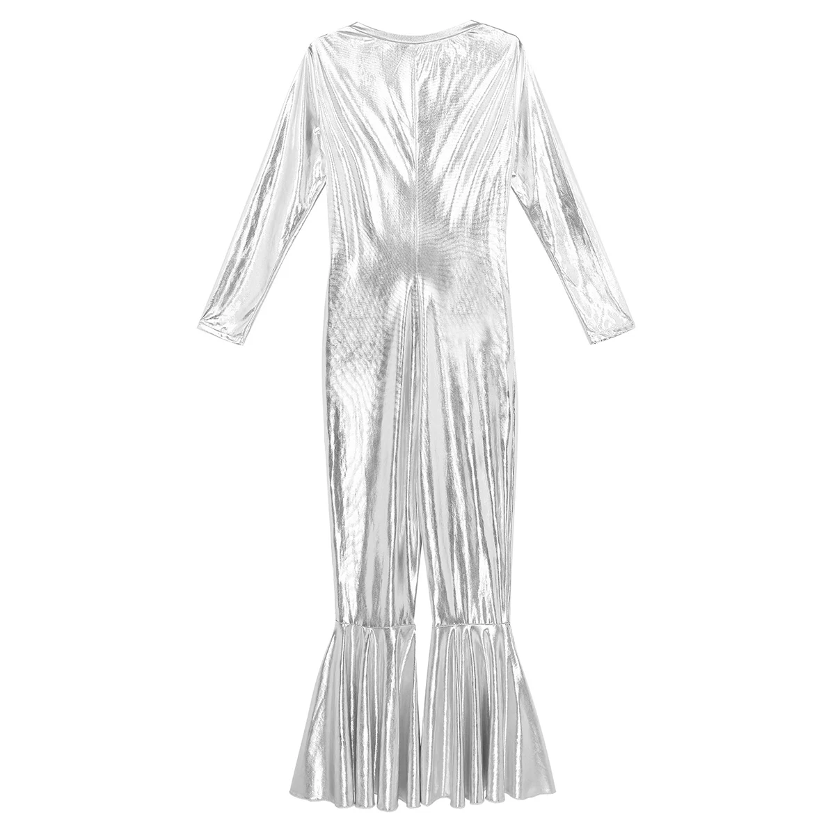 Men Shiny Metallic Bodysuits Sexy Dance Deep V Neck Open Chest Long Sleeves Bell Bottom Flare Catsuit Leotard Bodysuit Clubwear