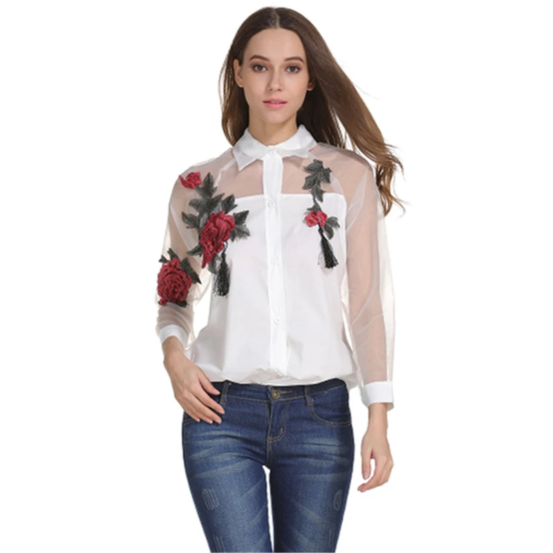 Moda de verano 2018, Blusas de aplique para mujer, blusa Vintage con bordado de flores, Blusas de manga de Organza de Sheerness, Blusas de talla S 3XL|blusas fashion|blusas plussleeve top -