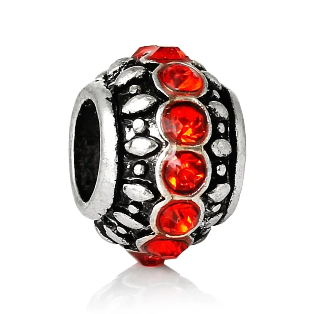 

1PC DoreenBeads European Charm Beads Round Vintage antique silver Orange Red Rhinestone Faceted About 11mmx7mm,Hole: 4.9mm