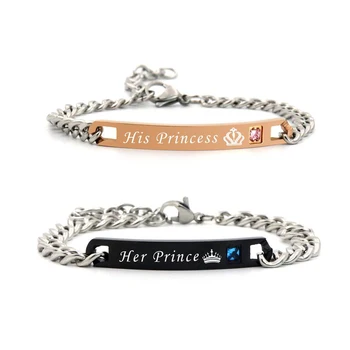 

2019 Crown Princess Prince Rhinestone Men's Stainless Steel Chain Couple Paired Bracelets For Women Gift Bijouterie wholesale